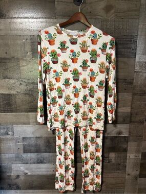 Posh Tot Cactus Print Pajama Set - Cream, Green, Orange Bamboo Ault Small